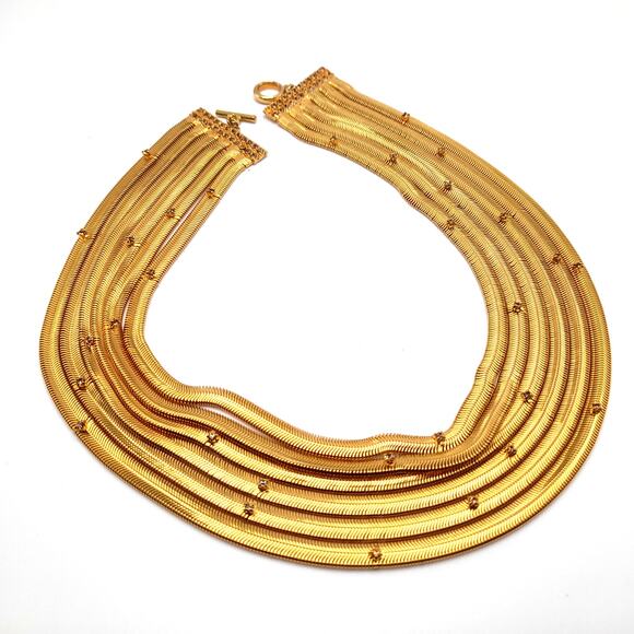 Snake Chain 6 Strand Necklace, Rhinestone Accents, Gold Tone, 17" - Picture 2 of 11